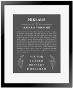 Niklaus personalized name print with origin and traits in gray with black matte frame