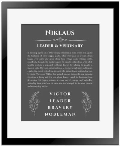 Niklaus personalized name print with origin and traits in gray with black matte frame