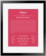 Niko custom name meaning print in red with black matte frame