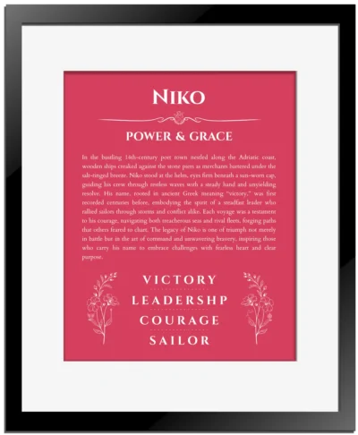 Niko custom name meaning print in red with black matte frame