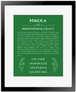 Nikola name origin print with meaning and traits in dark green with black matte frame