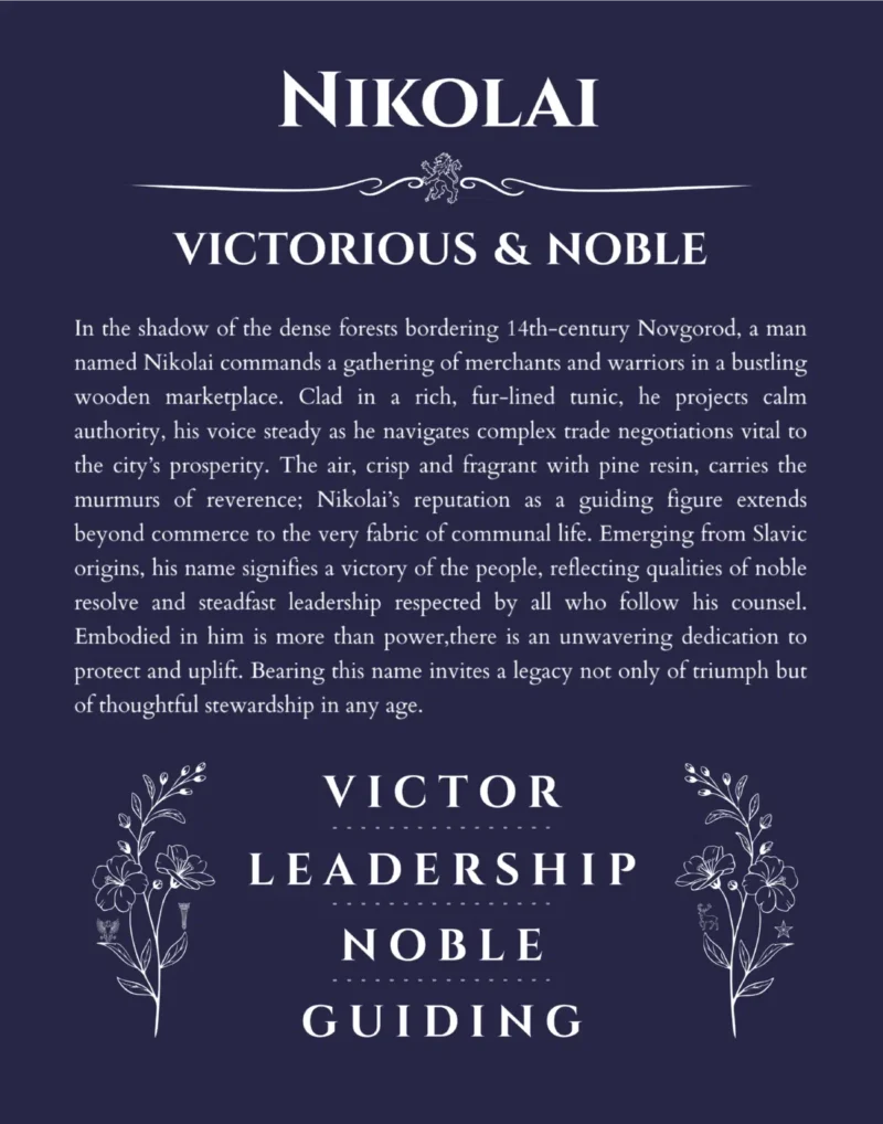 Nikolai personalized name art with origin story in navy blue