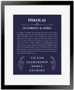 Nikolai personalized name art with origin story in navy blue with black matte frame