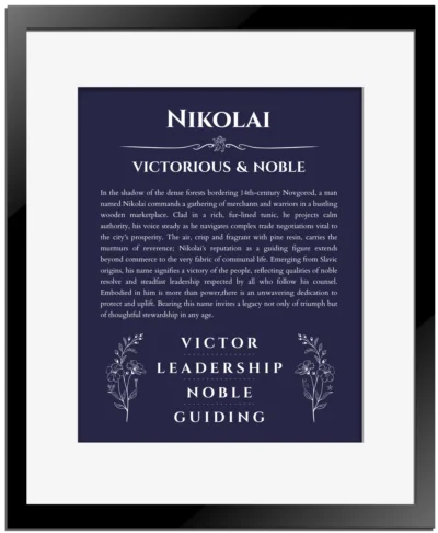 Nikolai personalized name art with origin story in navy blue with black matte frame
