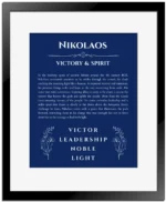 Nikolaos custom name art showing meaning and origin in deep blue with black matte frame