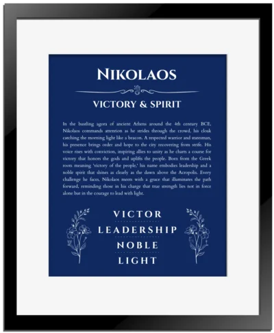 Nikolaos custom name art showing meaning and origin in deep blue with black matte frame