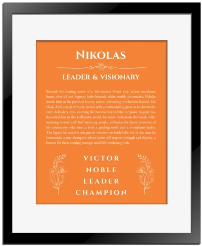 Nikolas name meaning wall art by Get Your Story in orange with black matte frame