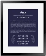 Nila personalized name meaning print in navy blue with black matte frame