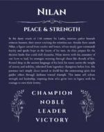 Nilan name origin print with meaning and traits in navy blue