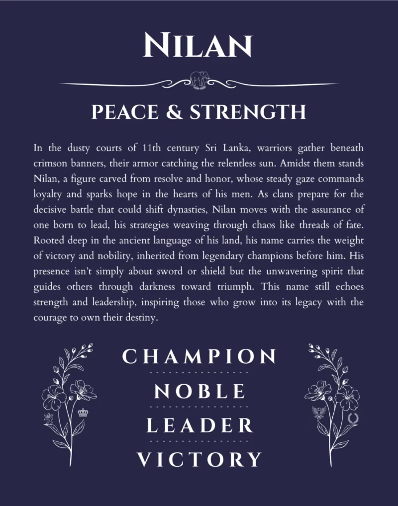 Nilan name origin print with meaning and traits in navy blue