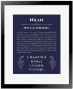 Nilan name origin print with meaning and traits in navy blue with black matte frame