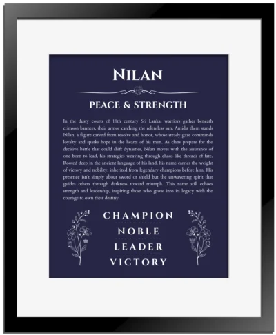 Nilan name origin print with meaning and traits in navy blue with black matte frame