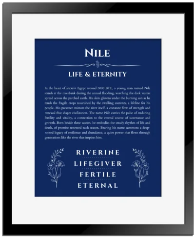Nile name meaning wall art by Get Your Story in deep blue with black matte frame