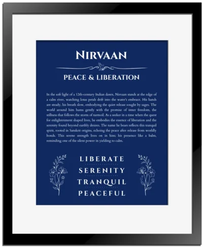 Nirvaan name meaning wall art by Get Your Story in deep blue with black matte frame