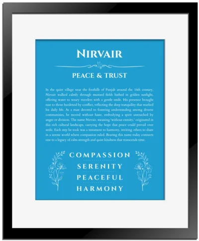 Nirvair name meaning gift print in blue with black matte frame