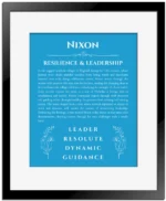 Nixon personalized name print with origin and traits in blue with black matte frame