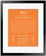 Noa personalized name art with origin story in orange with black matte frame