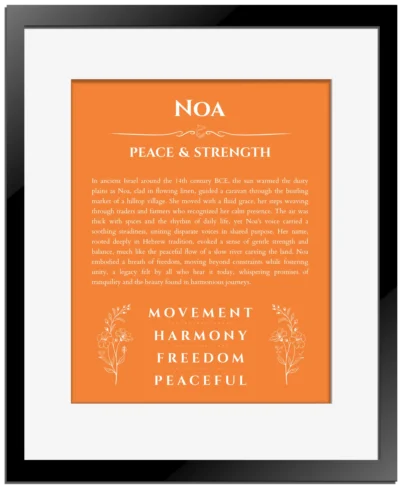 Noa personalized name art with origin story in orange with black matte frame