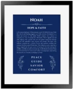 Noah personalized name meaning print in deep blue with black matte frame