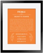 Noble custom name meaning print in orange with black matte frame