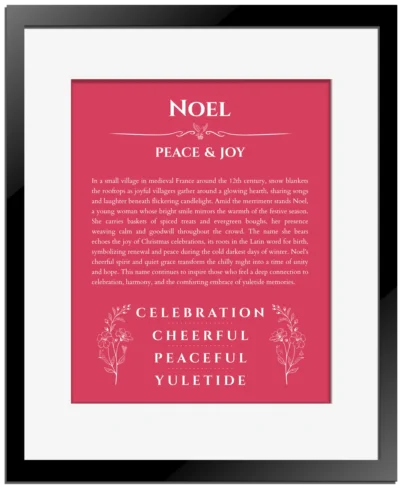Noel name origin print with meaning and traits in red with black matte frame