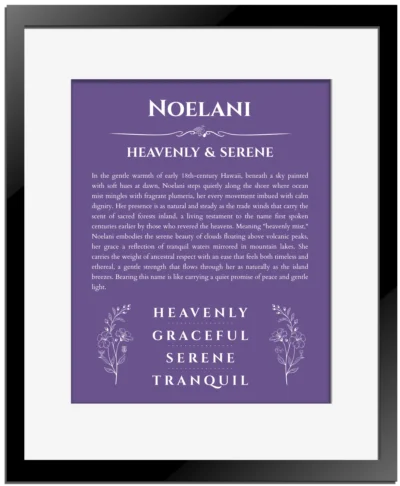 Noelani custom name art showing meaning and origin in purple with black matte frame
