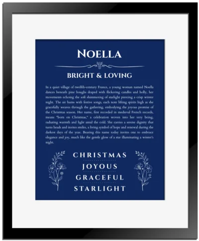 Noella name meaning wall art by Get Your Story in deep blue with black matte frame