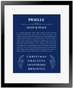 Noelle name meaning gift print in deep blue with black matte frame