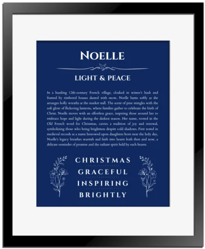 Noelle name meaning gift print in deep blue with black matte frame