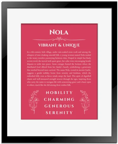 Nola personalized wall art with the story of your name in red with black matte frame