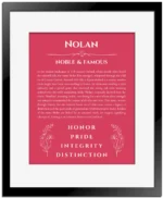 Nolan custom name art showing meaning and origin in red with black matte frame
