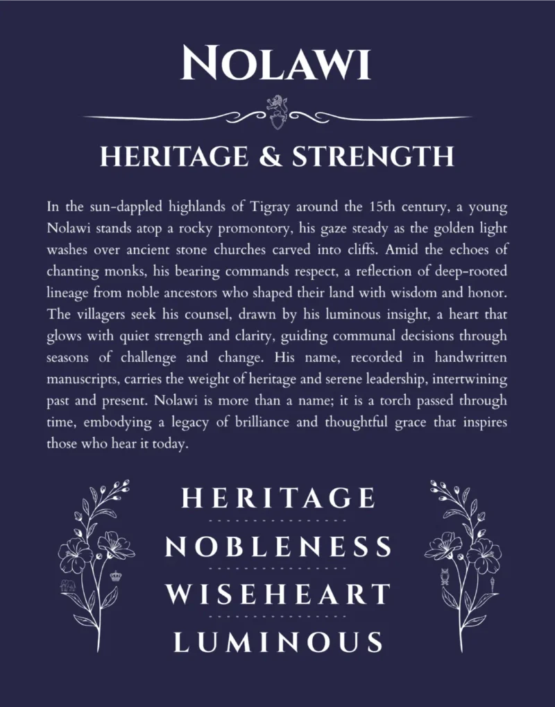 Nolawi custom name art showing meaning and origin in navy blue
