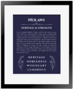 Nolawi custom name art showing meaning and origin in navy blue with black matte frame