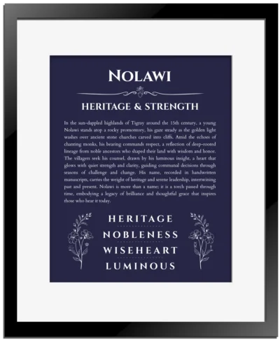 Nolawi custom name art showing meaning and origin in navy blue with black matte frame