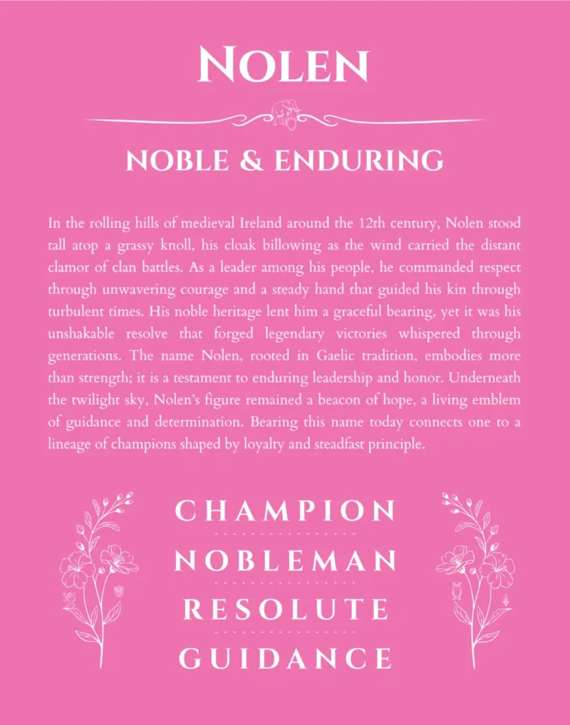 Nolen personalized name art with origin story in pink