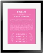 Nolen personalized name art with origin story in pink with black matte frame