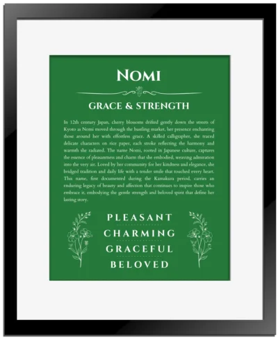 Nomi personalized wall art with the story of your name in dark green with black matte frame