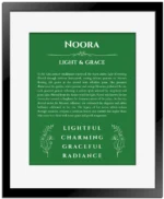 Noora name origin print with meaning and traits in dark green with black matte frame