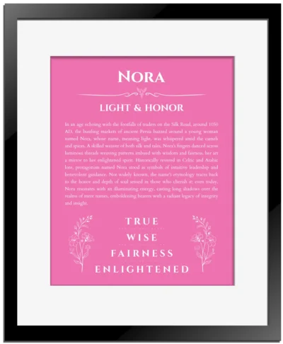 Nora personalized name meaning print in pink with black matte frame