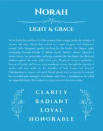 Norah personalized name art with origin story in blue