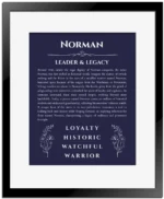 Norman name origin print with meaning and traits in navy blue with black matte frame