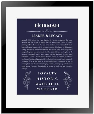 Norman name origin print with meaning and traits in navy blue with black matte frame