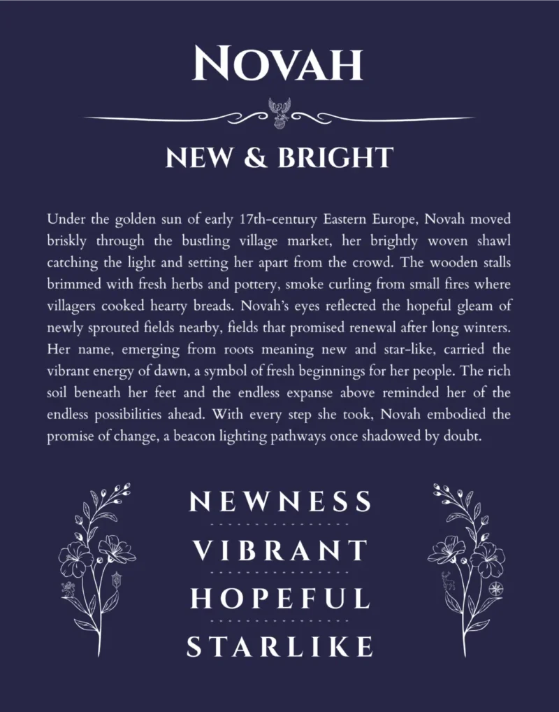 Novah name origin print with meaning and traits in navy blue