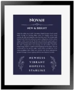 Novah name origin print with meaning and traits in navy blue with black matte frame