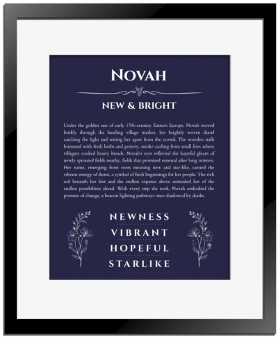 Novah name origin print with meaning and traits in navy blue with black matte frame
