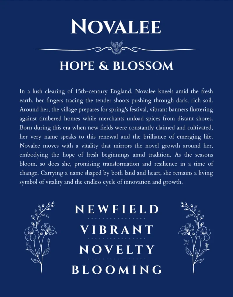 Novalee personalized name print with origin and traits in deep blue