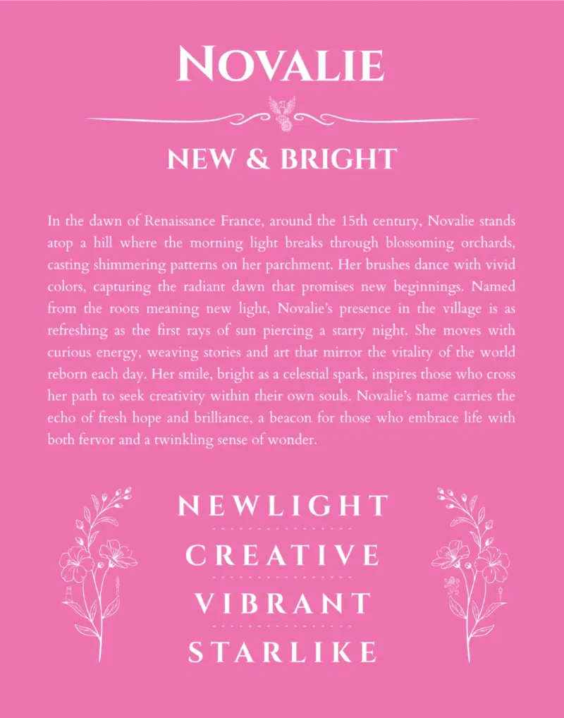 Novalie name origin print with meaning and traits in pink