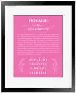Novalie name origin print with meaning and traits in pink with black matte frame