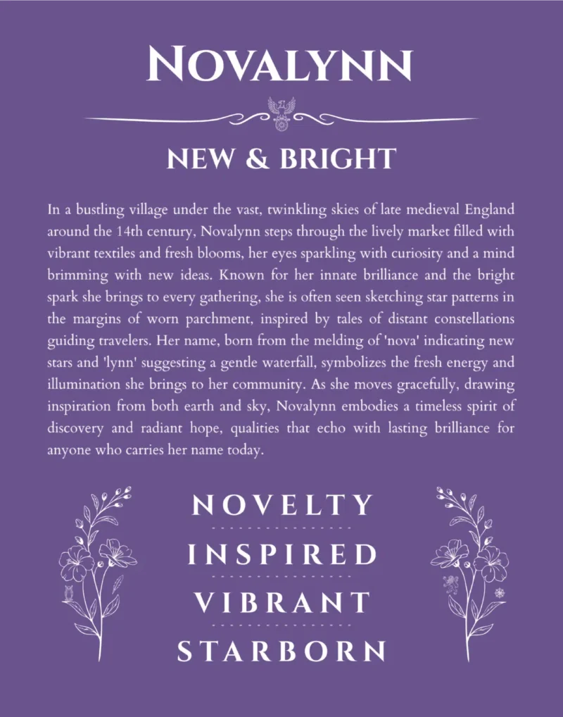 Novalynn personalized name print with origin and traits in purple