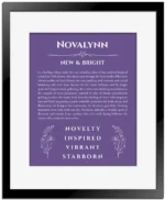 Novalynn personalized name print with origin and traits in purple with black matte frame